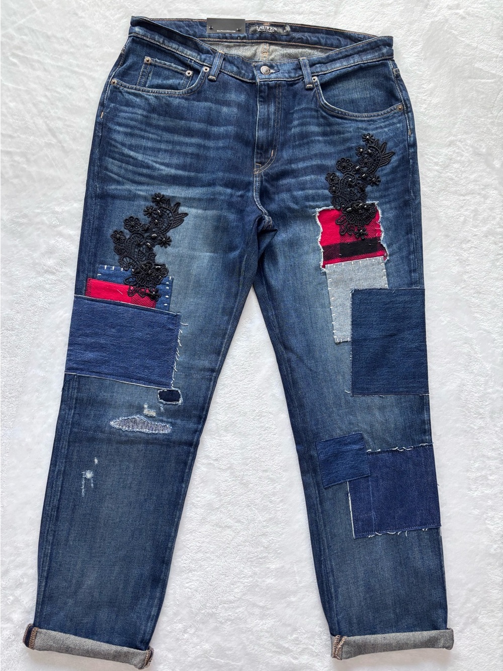 LAUREN RALPH LAUREN Patchwork Relaxed Tapered Lace Plaid Straight Jean--NWT--30 - Picture 5 of 16
